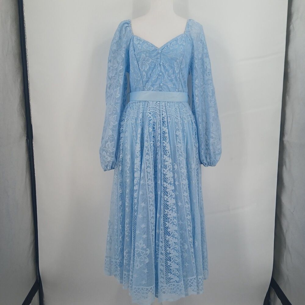 Women's Light Blue Lace Long Sleeve midi Dress Size Large romantic cottagecore